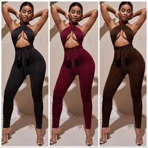 Cross Tie Backless Solid Jumpsuit